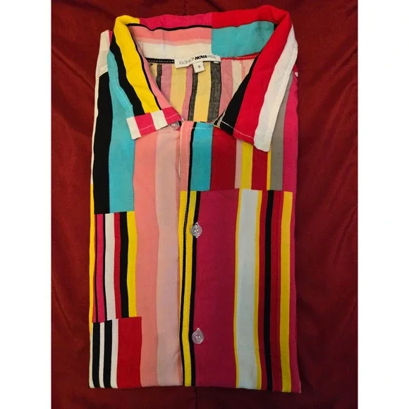 Fashion Nova Men's S Multi Color Block Striped Button-Up Shirt - Picture 2 of 6